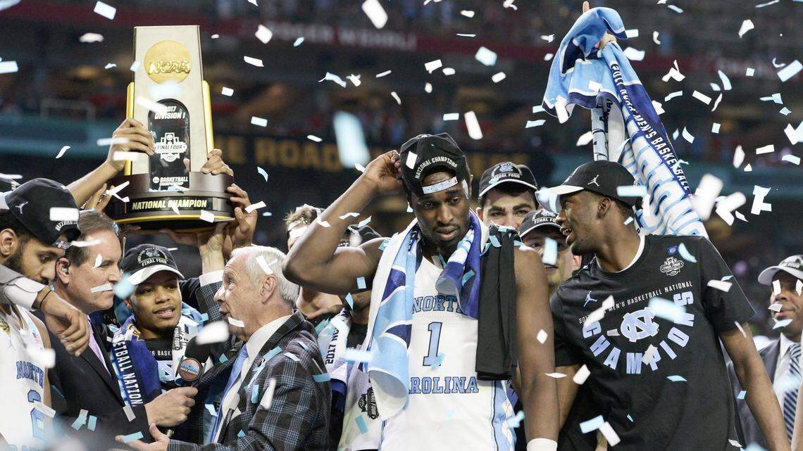 UNC coach Roy Williams and his team are peppered with confetti after Gonzaga 71-65 Monday, April 3, 2017 at the NCAA Final Four National Championship game. News of the Supreme Court ruling that essentially legalized gambling arrived on the first morning of the ACC's spring meetings Monday. The conference, like other college and pro sports leagues, is just beginning to reckon with the consequences.
