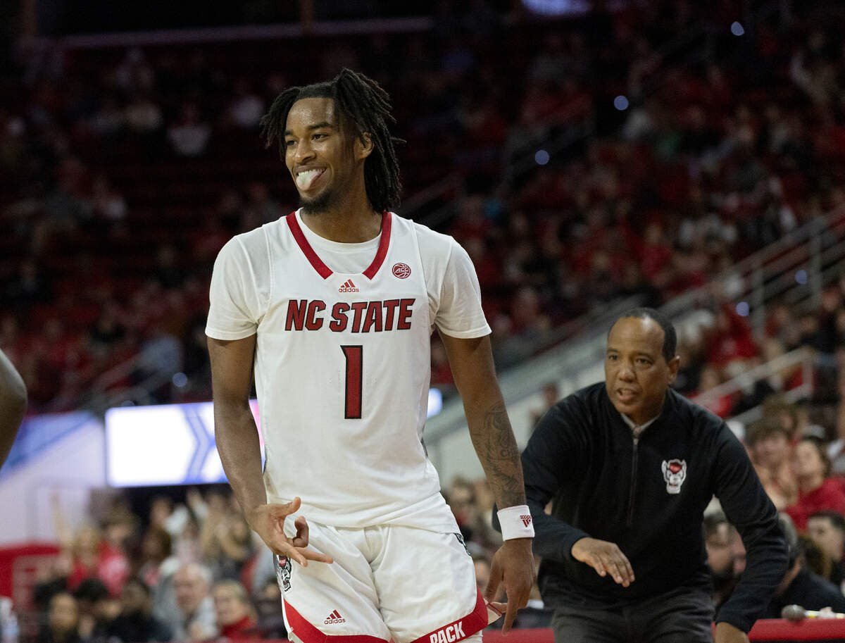 N.C. State’s Jayden Taylor reacts after making a basket during the second half of the Wolfpack’s 84-64 win over Abilene Christian on Friday, Nov. 10, 2023, at PNC Arena in Raleigh, N.C.