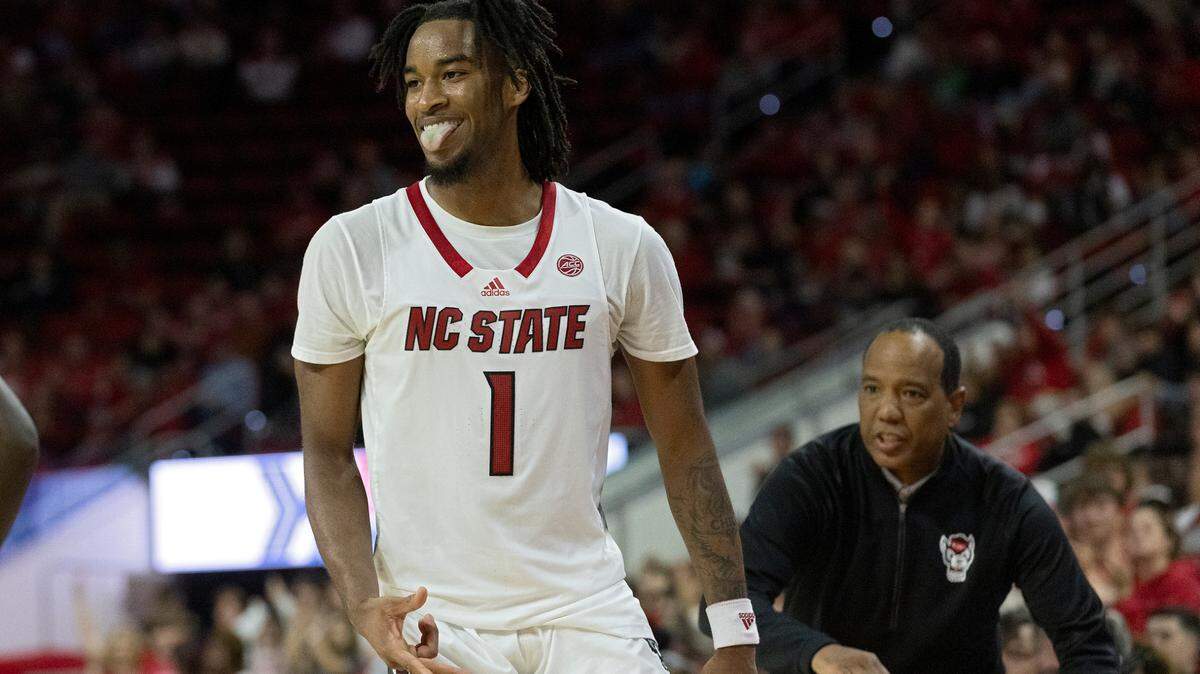 N.C. State’s Jayden Taylor reacts after making a basket during the second half of the Wolfpack’s 84-64 win over Abilene Christian on Friday, Nov. 10, 2023, at PNC Arena in Raleigh, N.C.