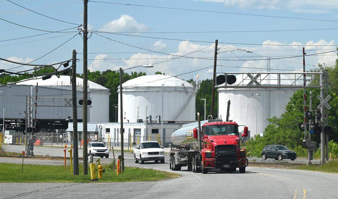 A tanker truck leaves the tank farm near Mount Holly Road in Charlotte. The farm is home to a number of air permits.
