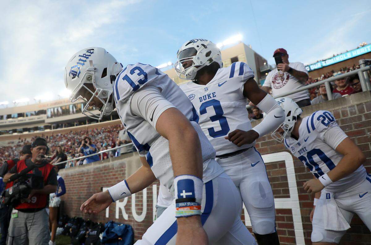Duke’s Riley Leonard (13) takes the field during pregame warmups prior to the Blue Devils’ game against Florida State on Saturday, Oct. 21, 2023, in Tallahassee, Fla.