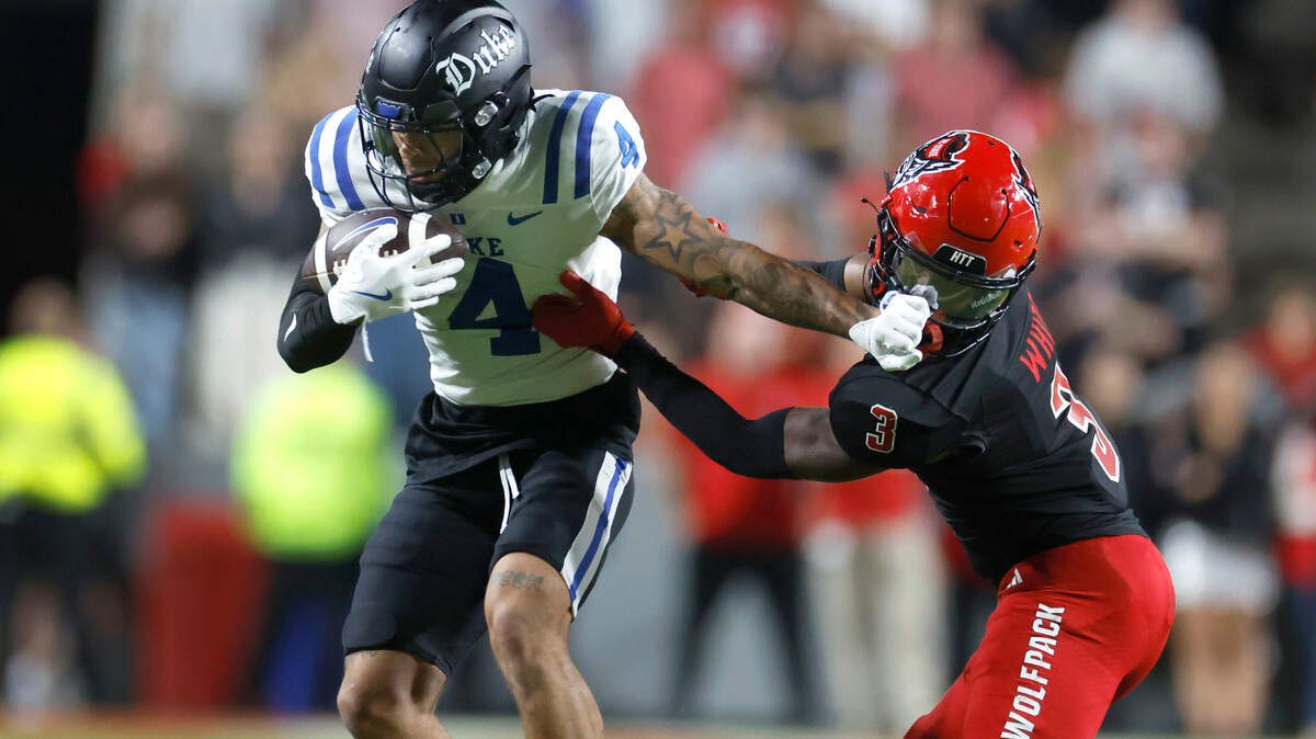 Duke wide receiver Eli Pancol (4) breaks free from N.C. State cornerback Aydan White (3) during the second half of Duke’s 29-19 victory over N.C. State at Carter-Finley Stadium in Raleigh, N.C., Sat. Nov. 9, 2024.