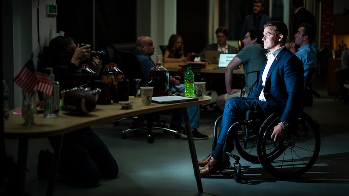 Rep. Madison Cawthorn poses for a portrait as he watches results from the primary election in May.