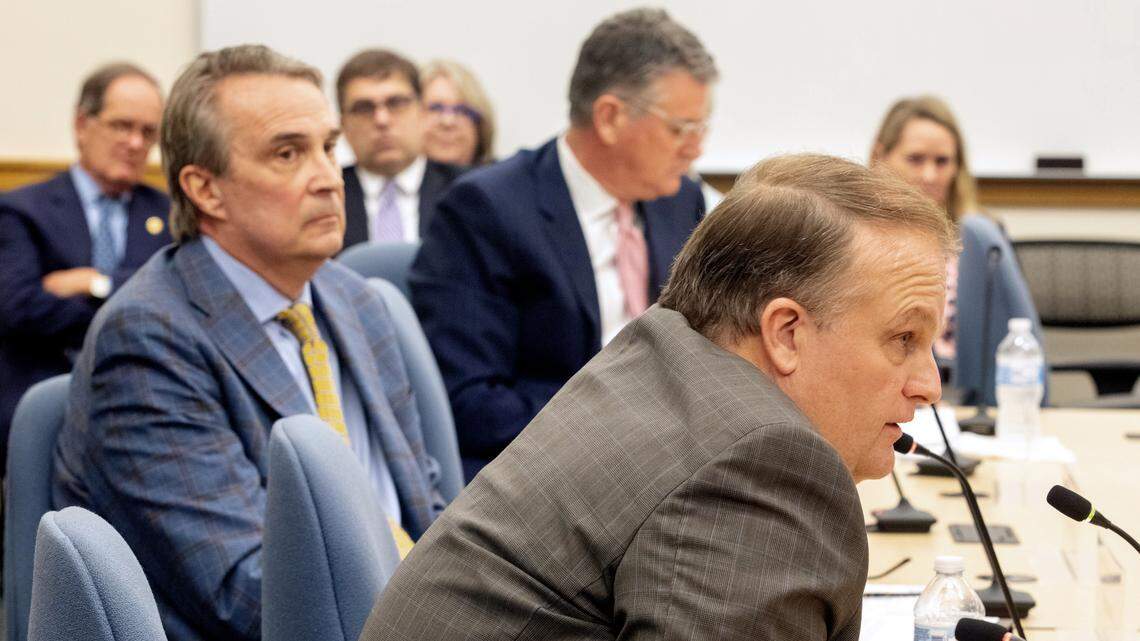 ECU trustees Robert Moore, right, answers questions as Phil Lewis, left, looks on before a UNC System committee voted to take no action Wednesday, Feb. 5, 2020 against the two trustees who tried to get involved in ECU’s student government election. The vote came after much discussion of the deep divisions on the ECU trustee board, The full UNC Board of Governors will discuss the issue at its meeting Friday.