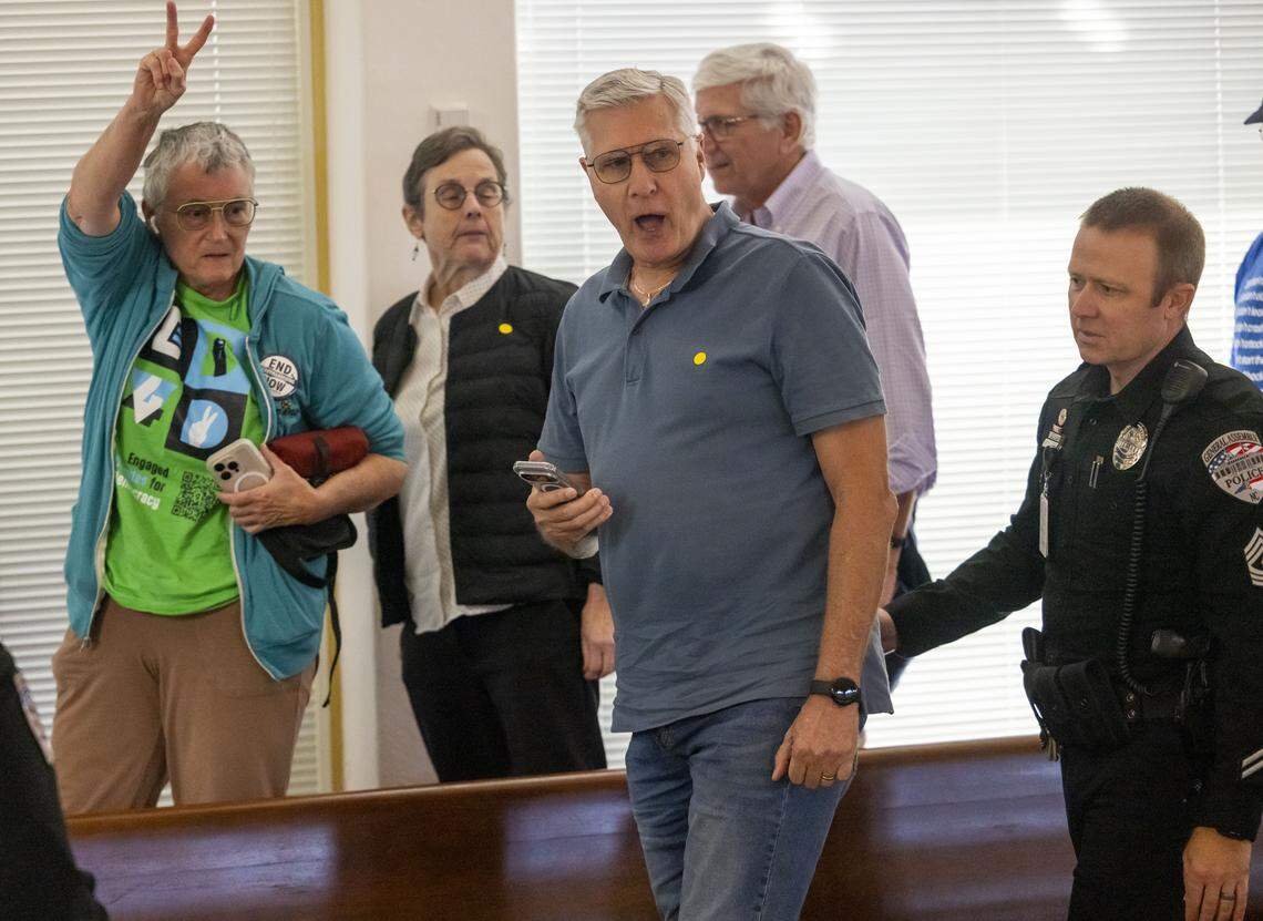 Demonstrators chant as they are removed from the gallery of the N.C. House as they loudly denounce Senate Bill 249, a bill to realign the North Carolina Congressional districts, on Wednesday, October 22, 2025 at the General Assembly in Raleigh, N.C. 