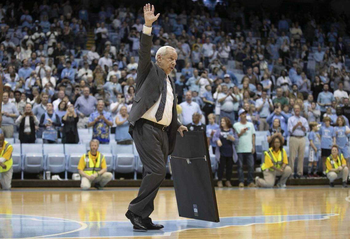 Roy Williams leaves the court after he was honored for tying Dean Smith’s record of 879 career victories following the Tar Heel’s 70-67 victory over Yale on Monday, December 30, 2019 at the Smith Center in Chapel Hill, N.C.