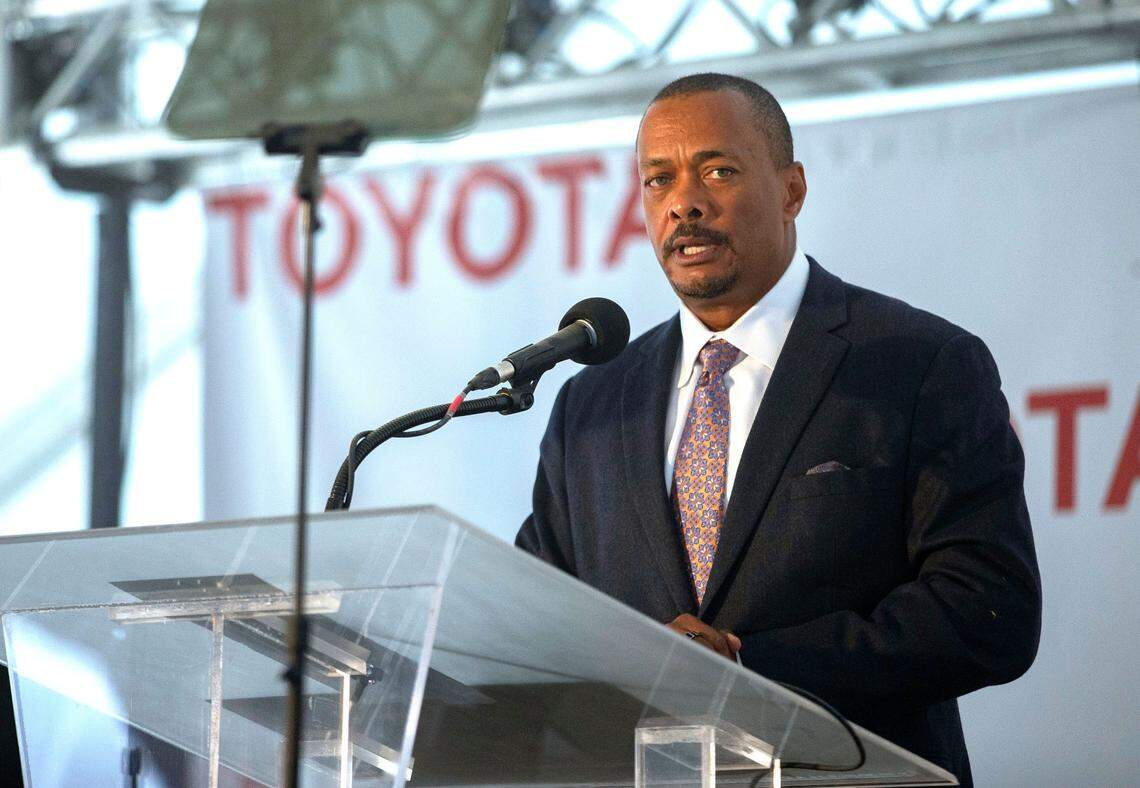 Toyota Motor Administrative Officer Chris Reynolds speaks to invited guests during an announcement of the future site of a new Toyota battery manufacturing plant in Liberty, N.C., Monday, Dec. 6, 2021.