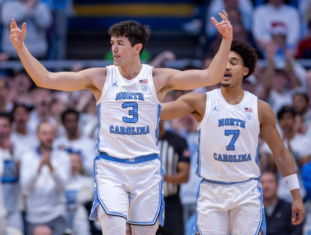 North Carolina’s Cormac Ryan (3) reacts after sinking a three point basket in the first half against Tennessee on Wednesday, November 29, 2023 at the Smith Center in Chapel Hill, N.C.