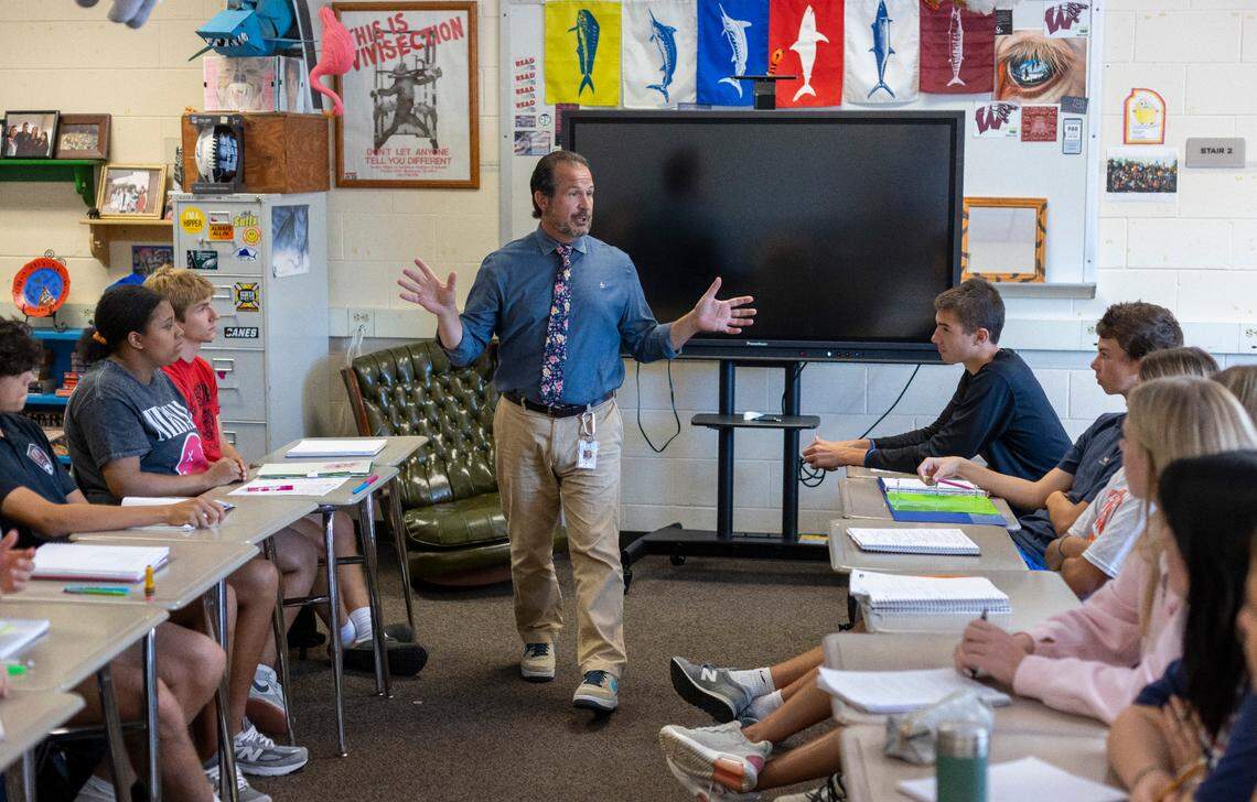Wakefield High School teacher Anthony Calabria works with his speech class on Tuesday, September 3, 2024 in Raleigh, N.C.