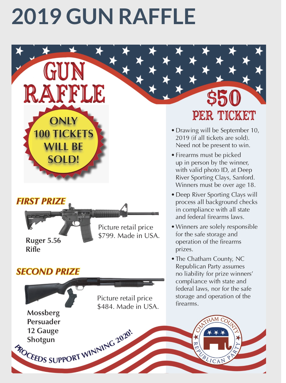 Chatham GOP announced a gun raffle at their upcoming fundraising event for 2020 elections in Pittsboro’s Fearrington Village. They were met with backlash and have since canceled the raffle after Fearrington would not allow it.