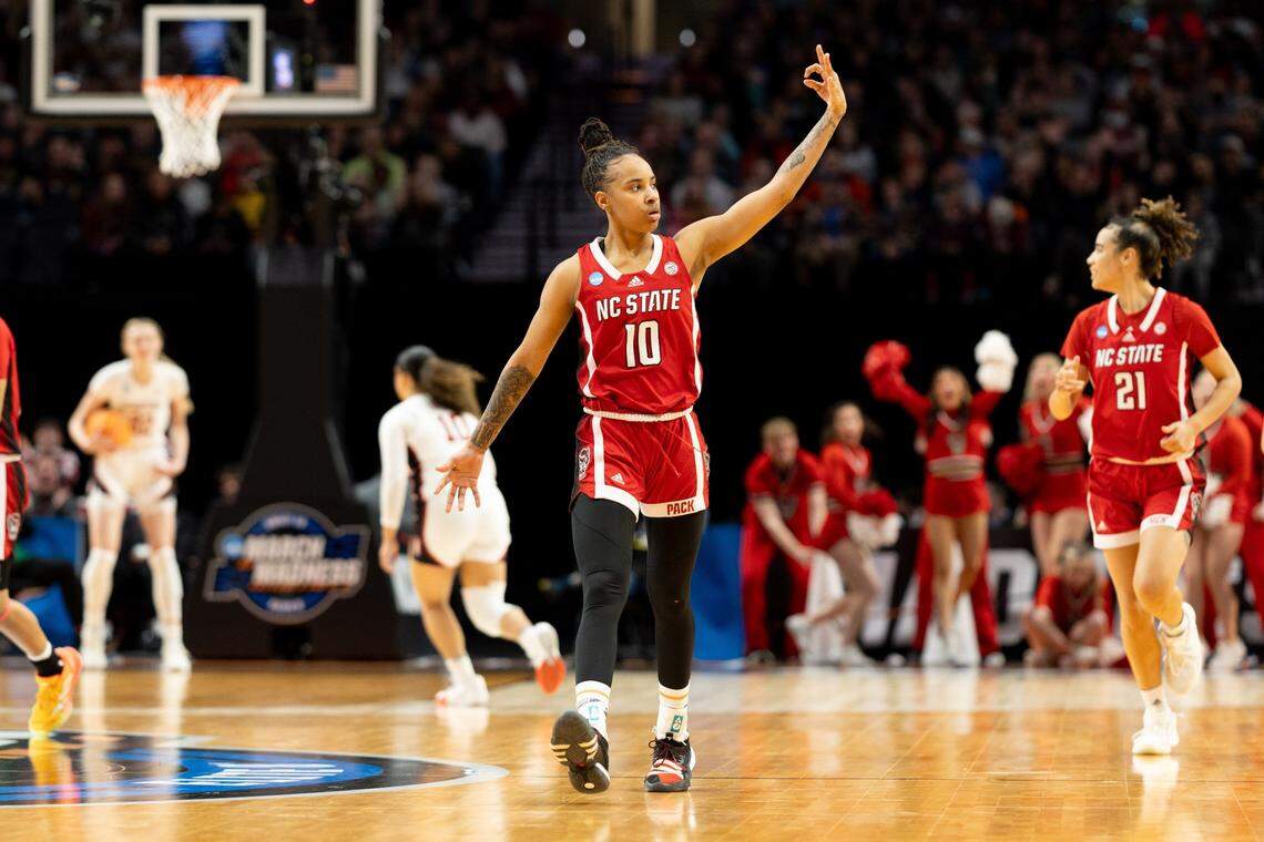 NC State’s Aziaha James celebrates one of her 3-pointers in the Wolfpack’s win over Stanford, Friday, March 29, 2024.