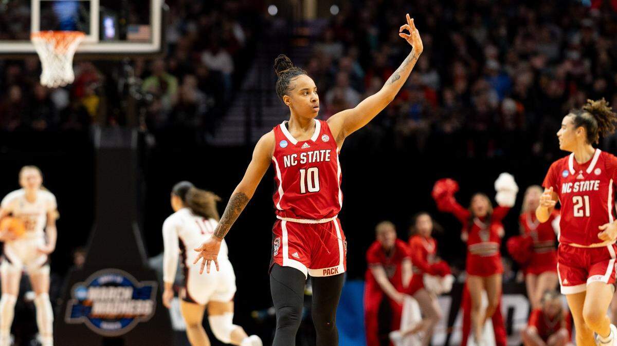 NC State’s Aziaha James celebrates one of her 3-pointers in the Wolfpack’s win over Stanford, Friday, March 29, 2024.