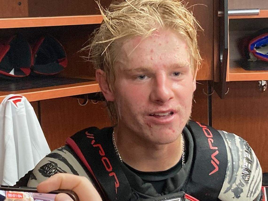 Carolina Hurricanes rookie forward Jackson Blake answers questions from the media after January game at the Lenovo Center.