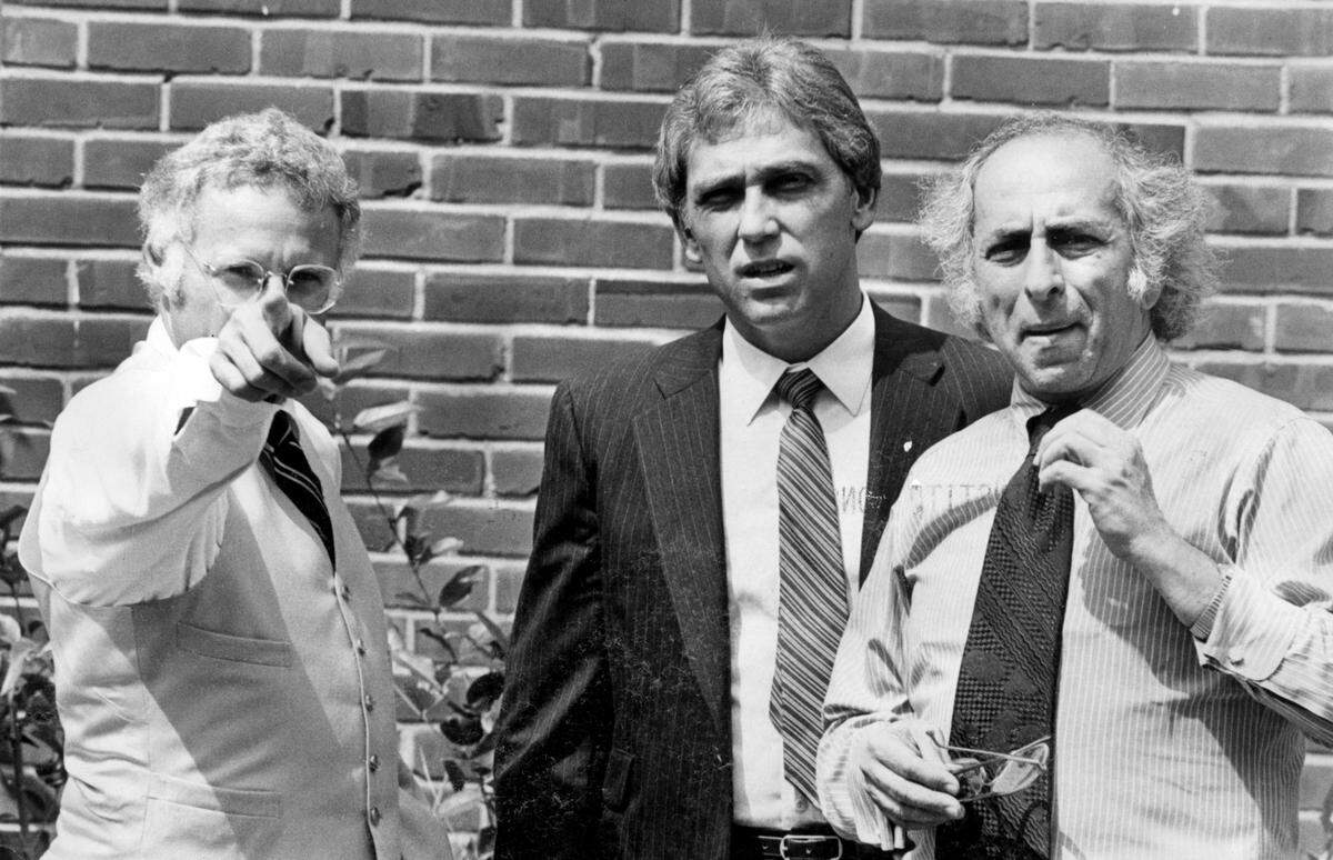 Dr. Jeffrey MacDonald (center) with lawyers Wade Smith (left) and Bernard Segal (right), August 1979.