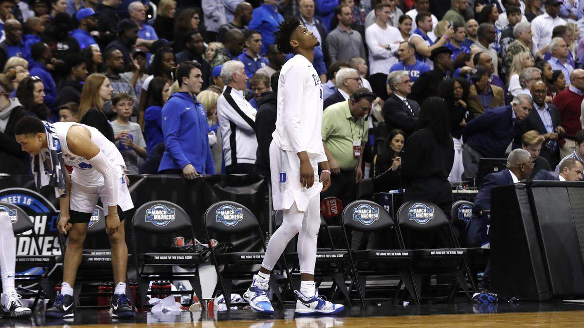 Duke’s Cam Reddish (2) watches from the bench during a timeout during the second half of Duke’s 75-73 victory over Virginia Tech in their NCAA Sweet 16 game in Washington, D.C., Friday, March 29, 2019.