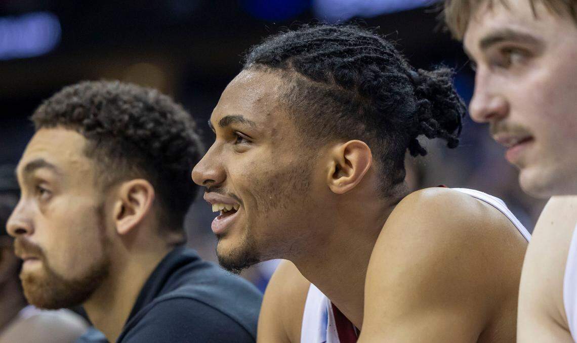 Alabama forward Jarin Stevenson (15) watches the second half of the Crimson Tide’s game against BYU on Thursday, March 27, 2025 at Prudential Center in Newark, NJ.