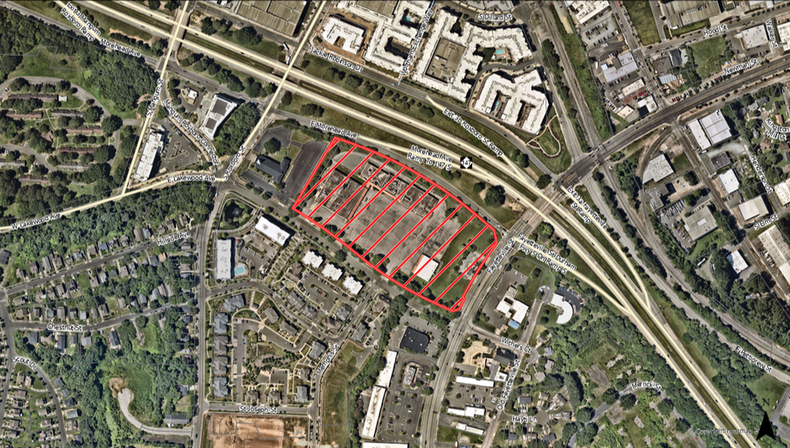 An aerial map shows Heritage Square at 401 East Lakewood Ave in Durham’s Hayti neighborhood. A developer wants to build an apartment building, a life science building and parking on the 10-acre site.