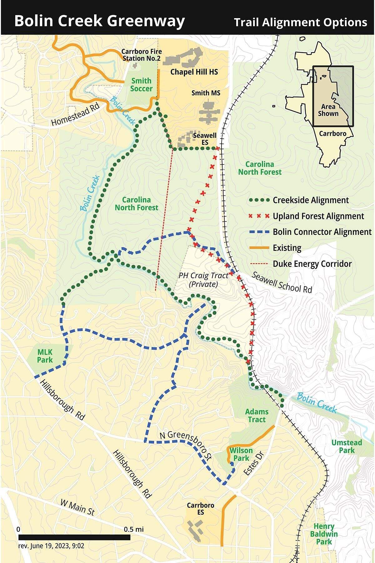 The Carrboro Town Council adopted the Creekside Alignment for the next phase of the Bolin Creek Greenway project.