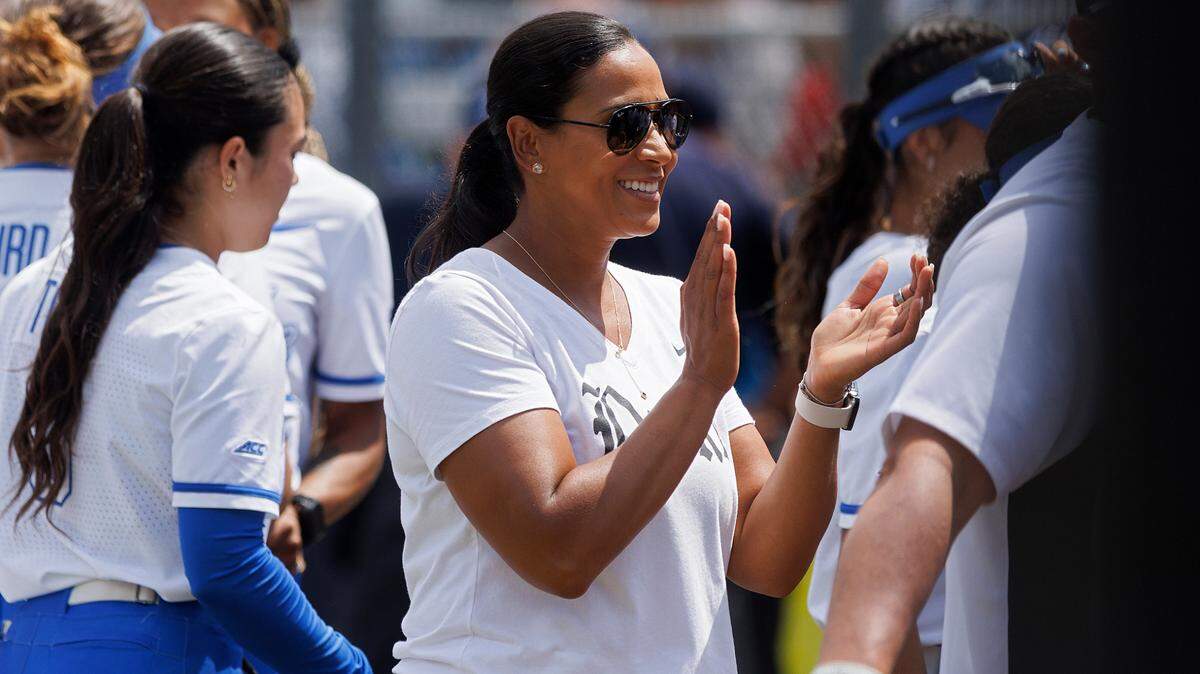 Duke head coach Marissa Young smiles prior to the Blue Devils’ ACC Tournament final against Florida State on Saturday, May 11, 2024, in Durham, N.C.