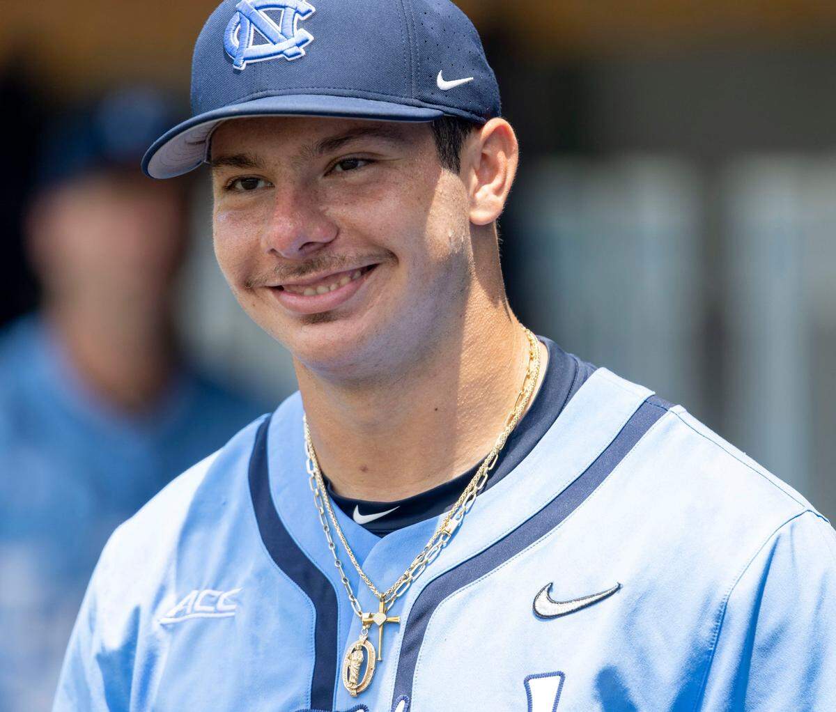 North Carolinas Alberto Osuna (23) cracks a smile as he is introduced into the starting lineup for the Tar Heels game against Arkansas during their NCAA Super Regional series on Sunday, June 12, 2022 at Boshamer Stadium in Chapel Hill, N.C.