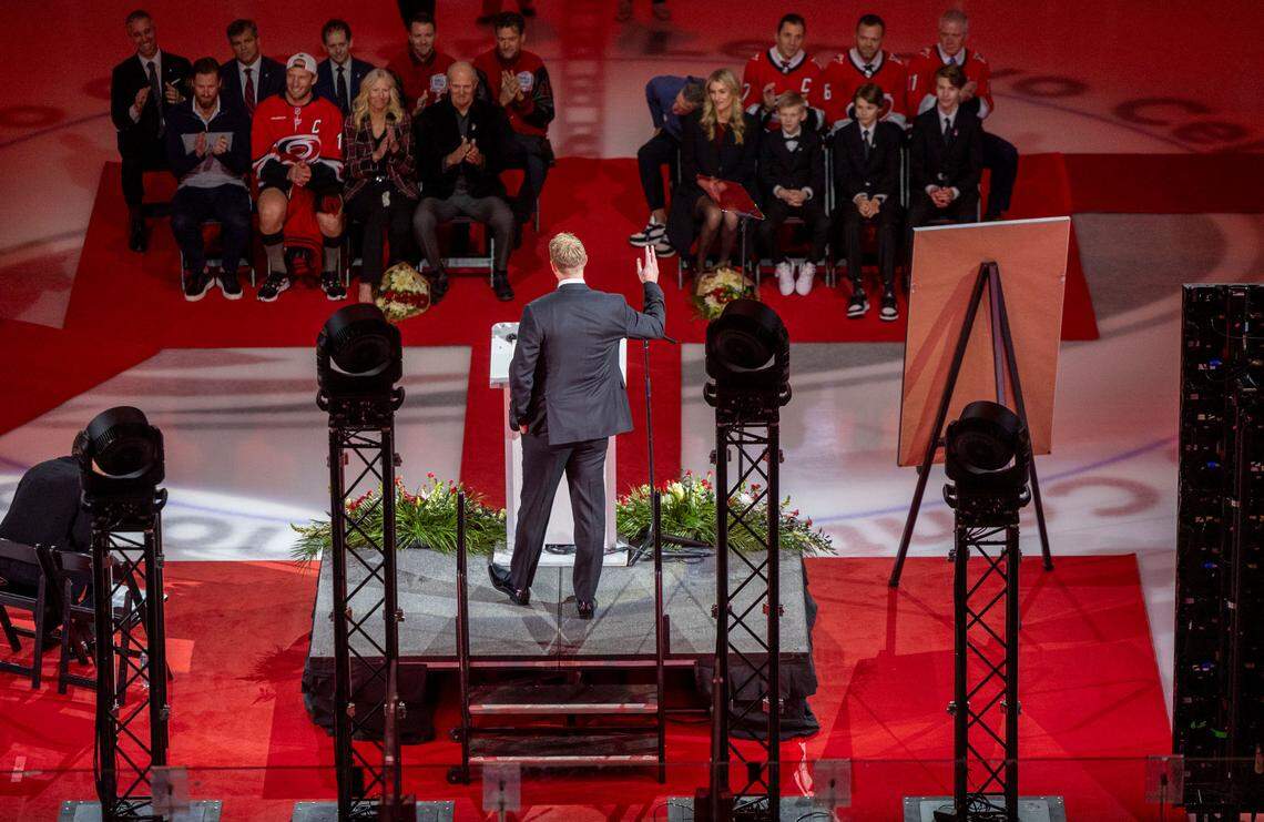 Eric Staal acknowledges his family and fans as he has his jersey retired on Sunday, January 12, 2025 at Lenovo Center in Raleigh, N.C.