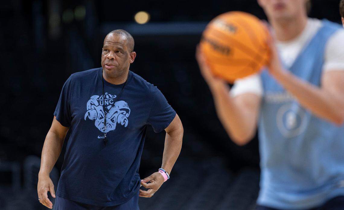North Carolina coach Hubert Davis watches his players practice on Wednesday, March 27, 2024 at Crypto.com Arena in Los Angeles, CA.