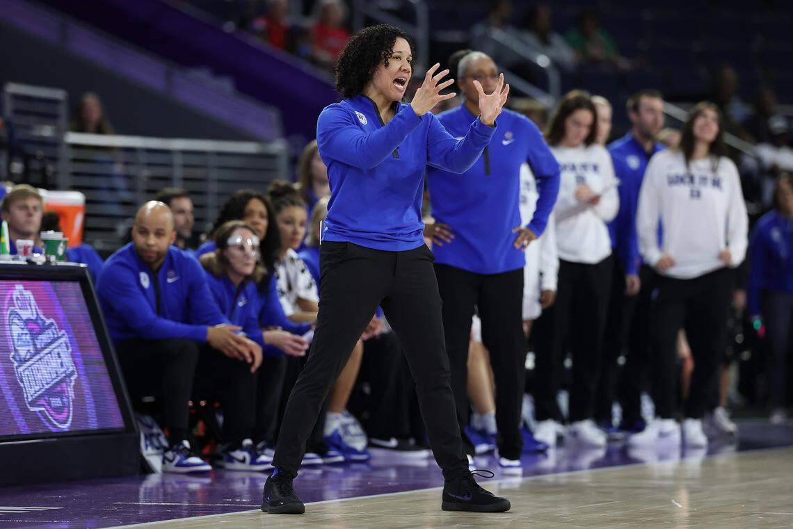 Duke head coach Kara Lawson reacts against the Notre Dame Fighting Irish during the first quarter of the teams’ ACC Women’s Tournament semifinal at Gas South Arena on March 7, 2026 in Duluth, Georgia.