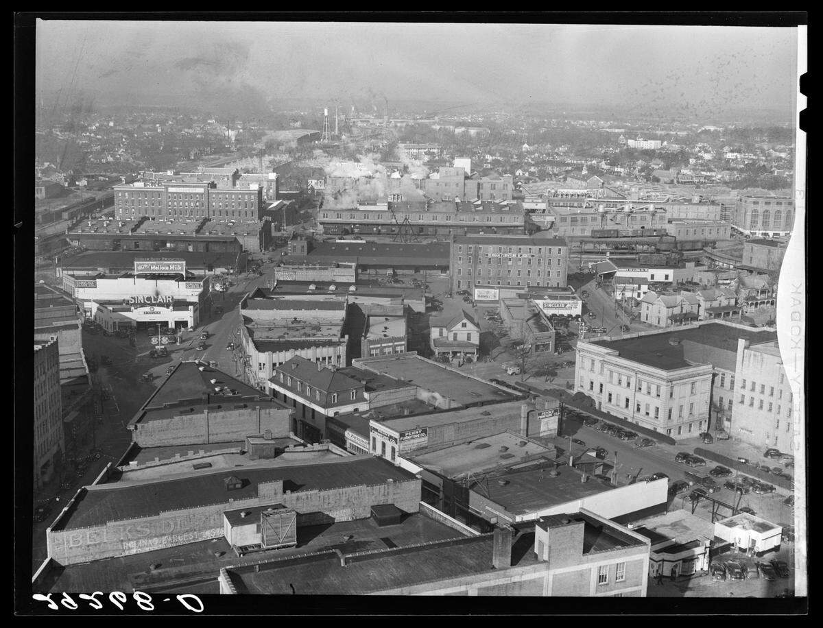 Tobacco warehouses and cigarette factories were a major part of the downtown Durham, N.C. landscape in 1939.