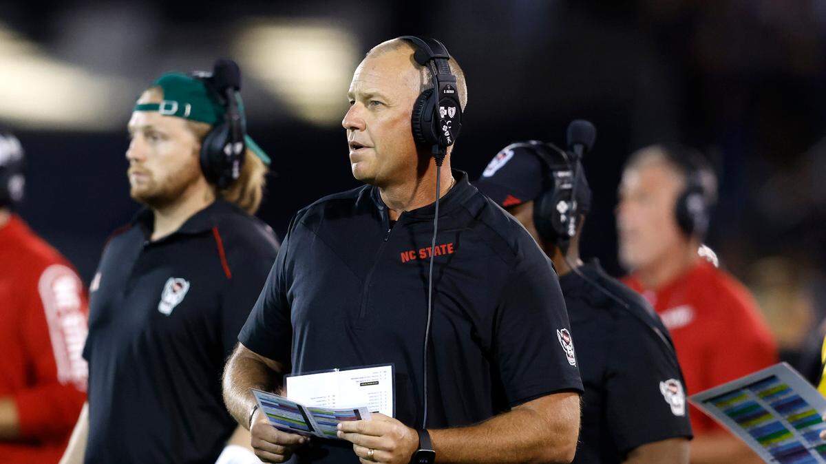 N.C. State head coach Dave Doeren watches during the second half of N.C. State’s 24-14 victory over UConn at Rentschler Field in East Hartford, Conn. Thursday, August 31, 2023.