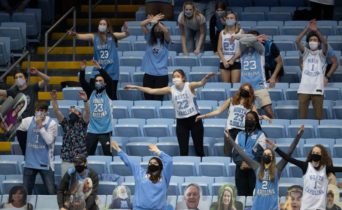 A portion of the 2400 students that were allowed into the Smith Center harass a Florida State player at the free throw line in the second half on Saturday, February 27, 2021 in Chapel Hill, N.C.