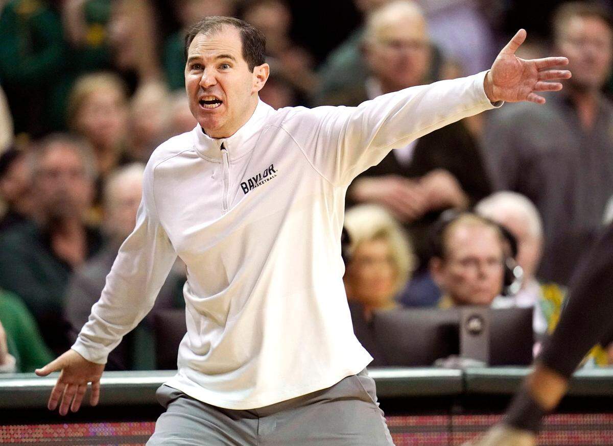 Baylor head coach Scott Drew reacts in the first half of an NCAA college basketball game against Iowa State, Saturday, March 5, 2022, in Waco, Texas. (Chris Jones/Waco Tribune-Herald via AP)