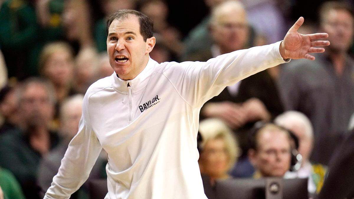 Baylor head coach Scott Drew reacts in the first half of an NCAA college basketball game against Iowa State, Saturday, March 5, 2022, in Waco, Texas.