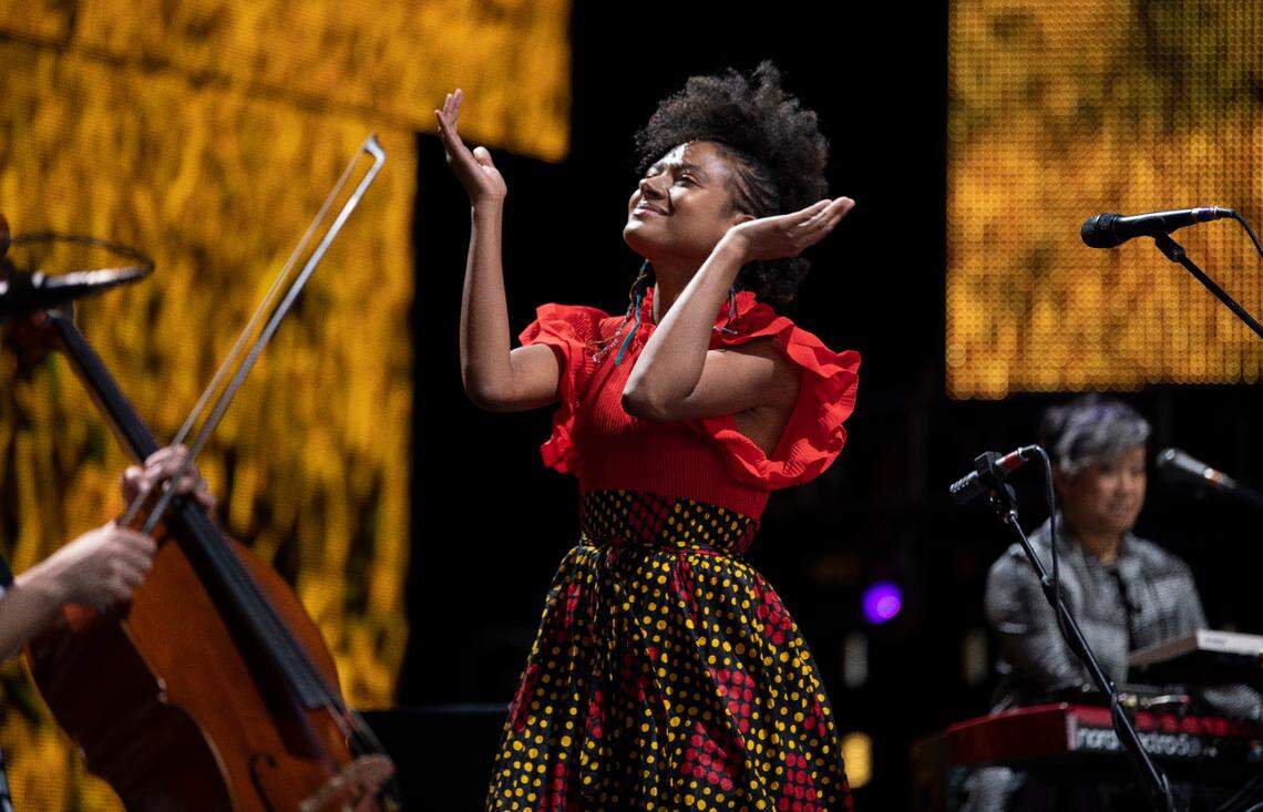 Allison Russell plays a high energy set at Farm Aid at Raleigh, N.C.’s Coastal Credit Union Music Park at Walnut Creek, Saturday, Sept. 24, 2022.