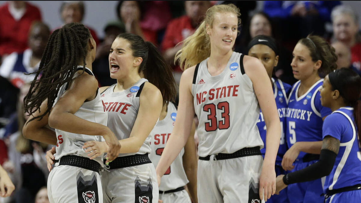 North Carolina State’s Aislinn Konig, facing, hugs DD Rogers, left, during the first half of a second round women’s college basketball game against Kentucky in the NCAA Tournament in Raleigh, N.C., Monday, March 25, 2019. (AP Photo/Gerry Broome)