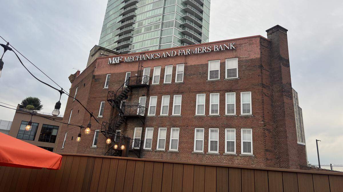 M&F Bank signage is visible above downtown Durham, NC. 