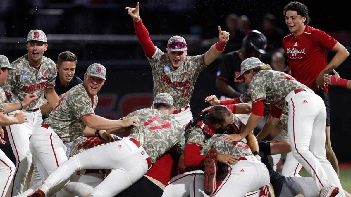 NC State celebrates after winning Game 3 of the Super NCAA Regional against Georgia at Foley Field on Monday, June 10, 2024 in Athens, Ga. NC State won 8-5.