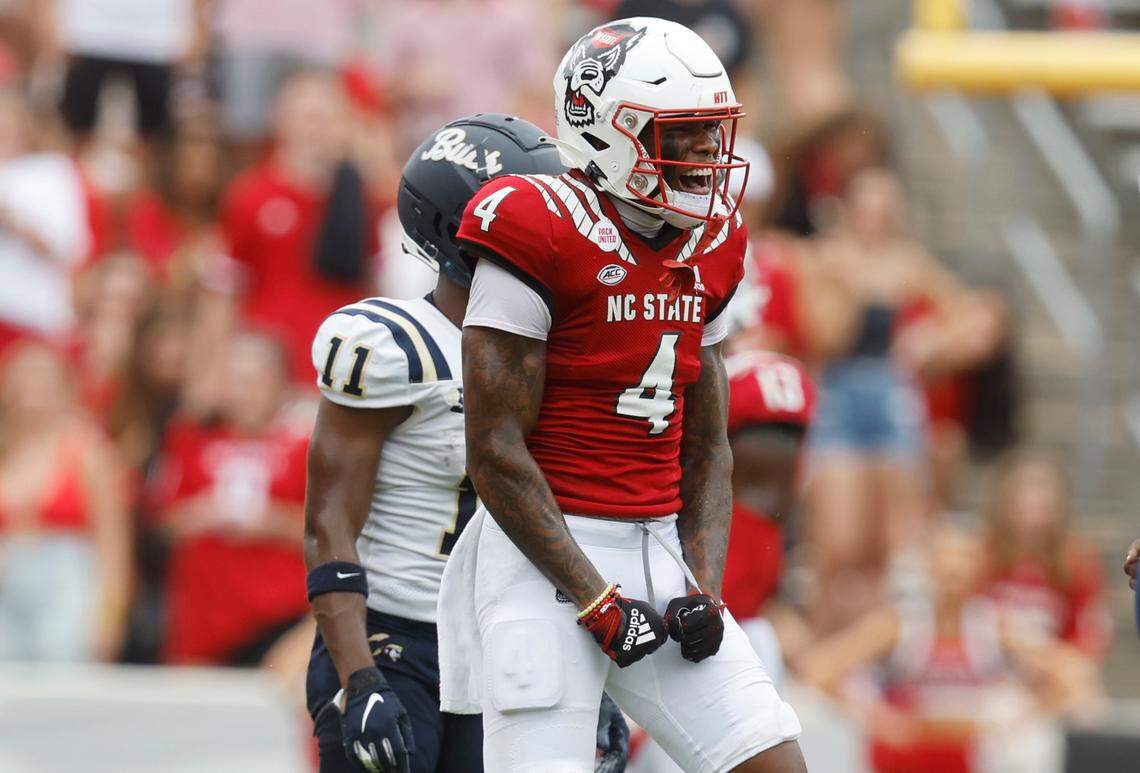 N.C. State safety Cyrus Fagan (4) celebrates after breaking up a pass during the first half of N.C. State’s game against Charleston Southern at Carter-Finley Stadium in Raleigh, N.C., Saturday, Sept. 10, 2022.
