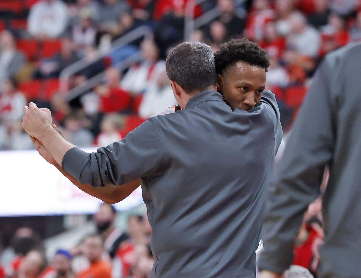 N.C. State’s Quadir Copeland embraces head coach Will Wade after being subbed out late in the second half of the Wolfpack’s 88-68 win over Syracuse on Tuesday, Jan. 27, 2026, at Lenovo Center in Raleigh, N.C. 