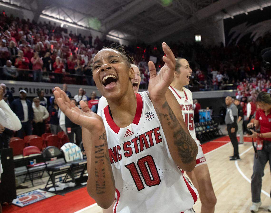 N.C. State’s Aziaha James reacts after the Wolfpack defeated UConn 92-81 on Sunday, Nov. 12, 2023, at Reynolds Coliseum in Raleigh, N.C.
