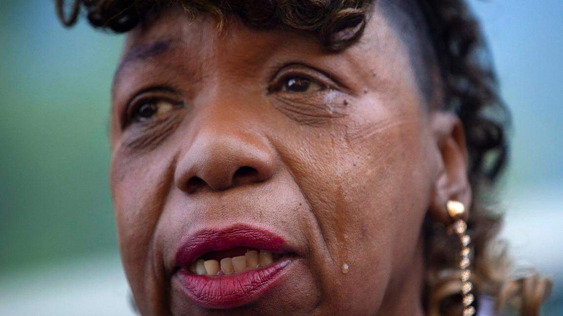 A tear rolls down Eric Garner’s mother, Gwen Carr’s face as attorneys for the family of Andrew Brown Jr. hold a press conference outside the Pasquotank County Public Safety building Tuesday, April 27, 2021 to announce results of the autopsy they commissioned, which they said showed five bullet wounds including one to the back of the head. They accused Pasquotank County officials of hiding information and keeping justice from being served in Elizabeth City.