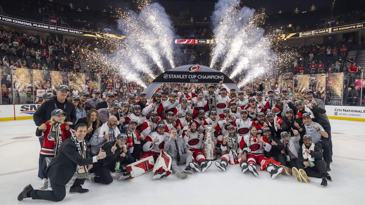 The 2026 Stanley Cup Champion Carolina Hurricanes, pose for a team photo following their 3-0 victory over Vegas in Game 6 on Sunday, June 14, 2026 at T-Mobile Arena in Las Vegas, NV.