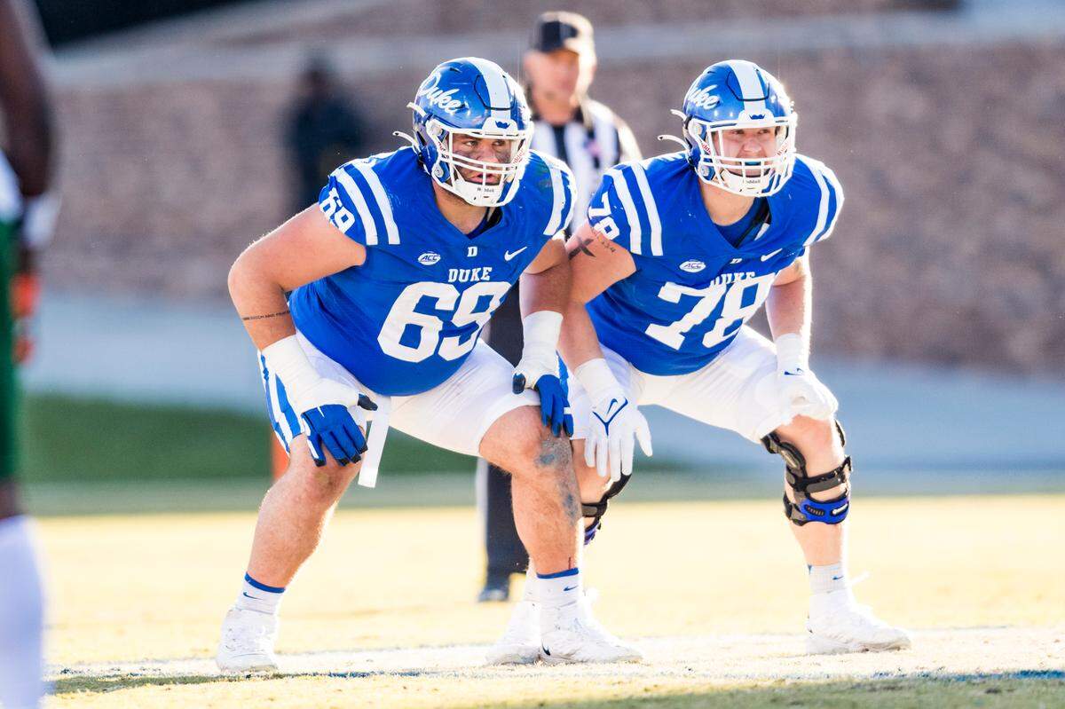 Kade Parmelly (69) lines up at left guard next to left tackle Casey Holman (78) during a Duke football game against Miami at Wallace Wade Stadium on November 27, 2021 at Durham, North Carolina.
