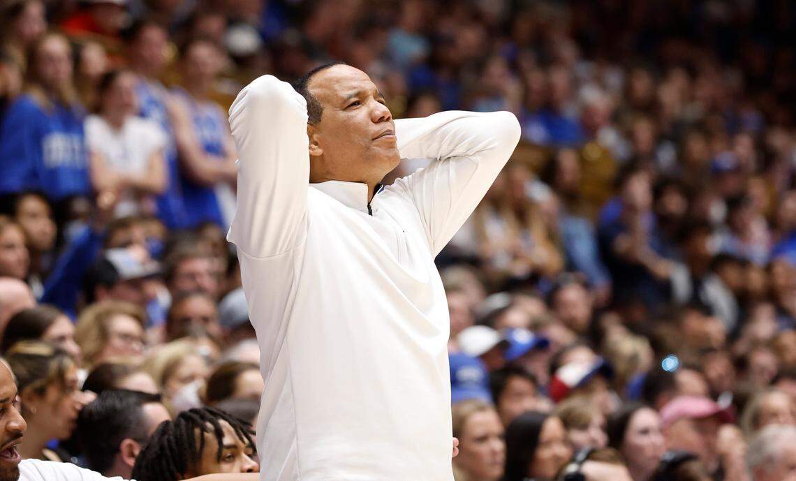 N.C. State head coach Kevin Keatts is not happy with the play of his team during the first half of N.C. State’s game against Duke at Cameron Indoor Stadium in Durham, N.C., Tuesday, Feb. 28, 2023.