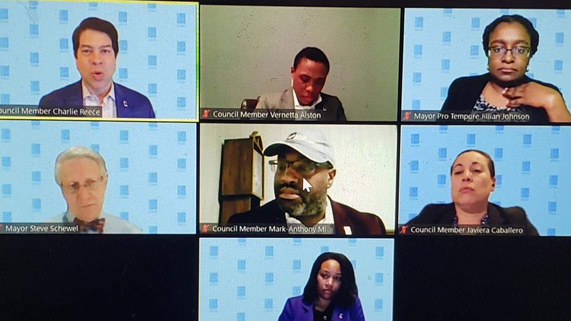 A screenshot of a virtual Durham City Council meeting on Monday, April 6, 2020.
