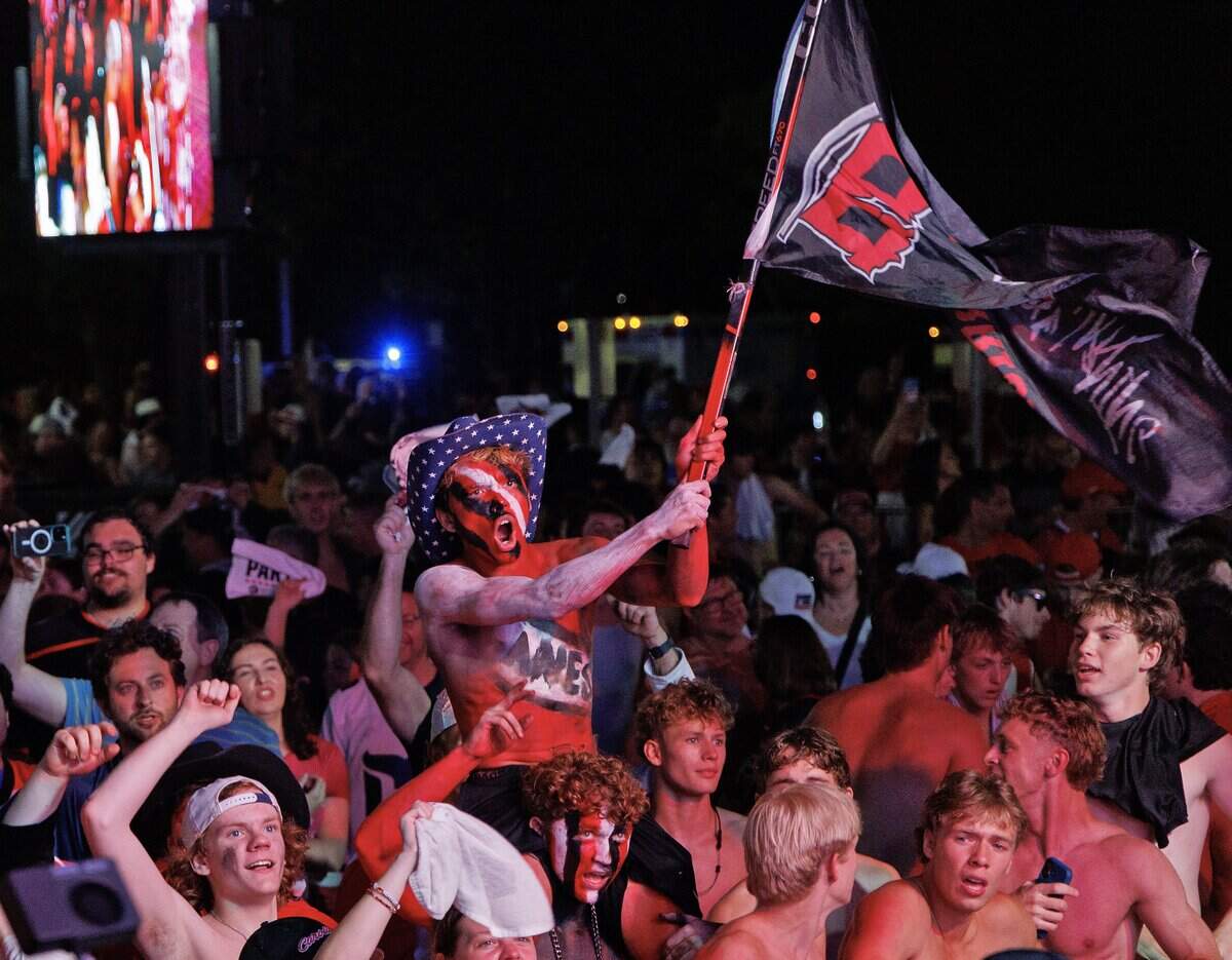 Carolina Hurricanes fans celebrate the team’s Stanley Cup victory over the Vegas Golden Knights during a watch party outside the Lenovo Center on Sunday, June 14, 2026, in Raleigh, N.C.