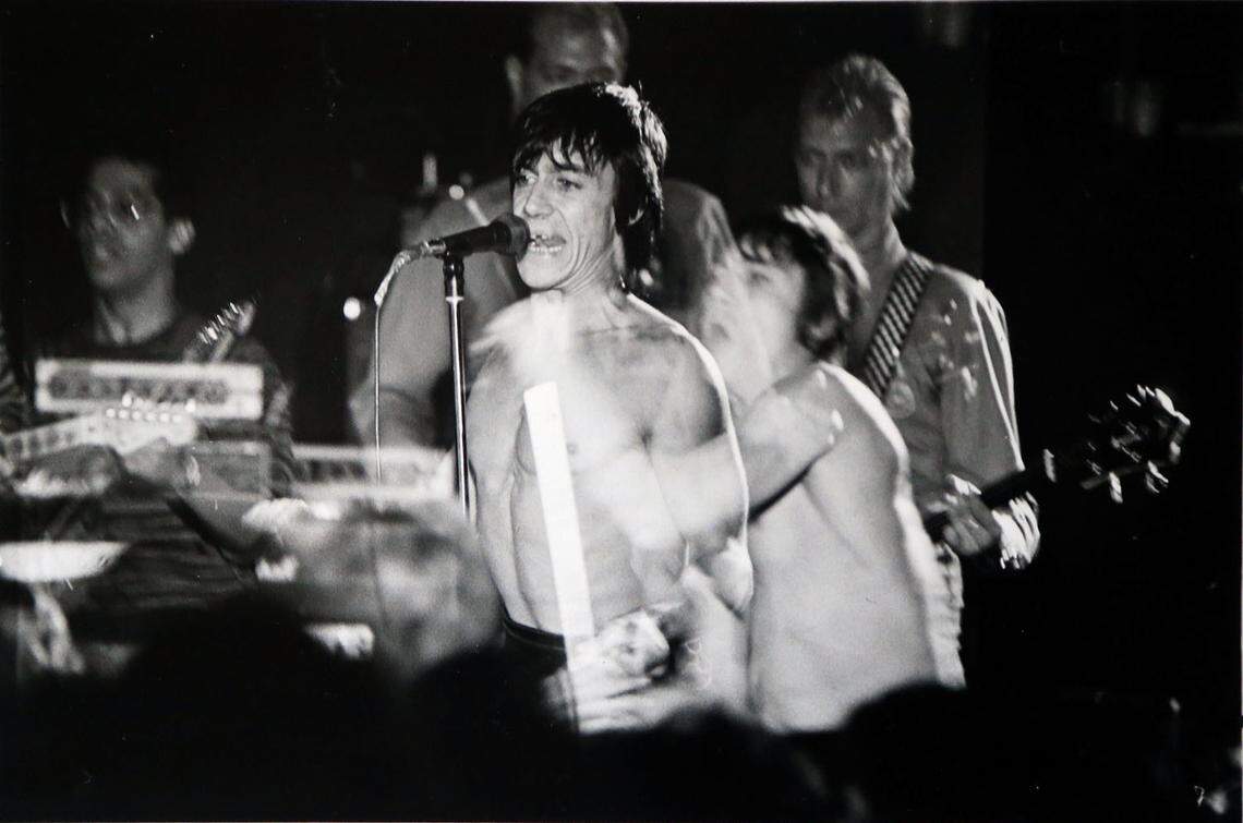 Iggy Pop plays at the Pier in the early 1980’s. This was an accidental double exposure that worked very well.  At this show, the club didn’t sell any beer in bottles.  Iggy had a history of smashing beer bottles and cutting himself with the jagged edges.  The club didn’t want any copycats in the crowd doing the same and injuring themselves.