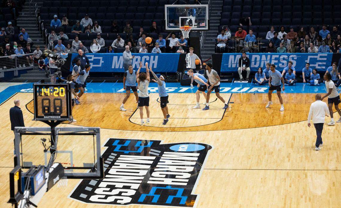 North Carolina guard Seth Trimble (7) launches a three-point attempt during the Tar Heels’ practice ahead of their game in the NCAA First Four on Monday, March 17, 2025 the University of Dayton Arena in Dayton, Ohio