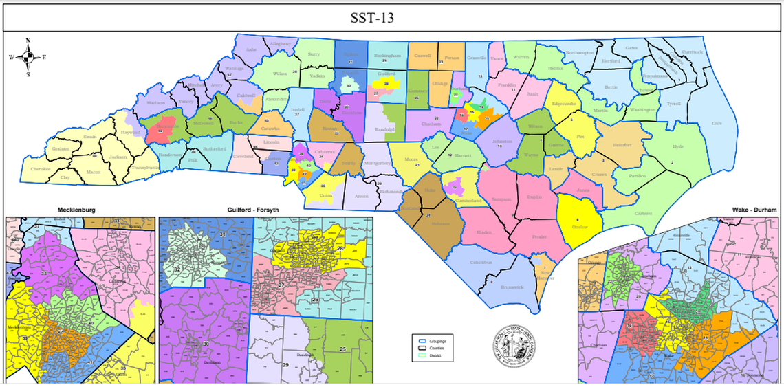 A draft of the 2021 redistricting map for North Carolina’s 50 senate districts, as drawn and proposed by GOP redistricting leader Sen. Ralph Hise of Spruce Pine.