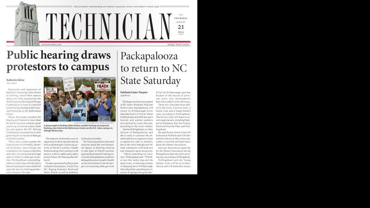 A portion of the Thursday, August 22, 2014, front page of the “Technician,” the student newspaper at NC State University in Raleigh, NC.
