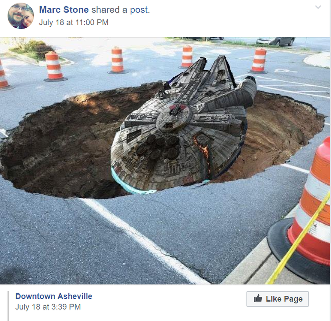 The massive sinkhole in Asheville has gained a social media following